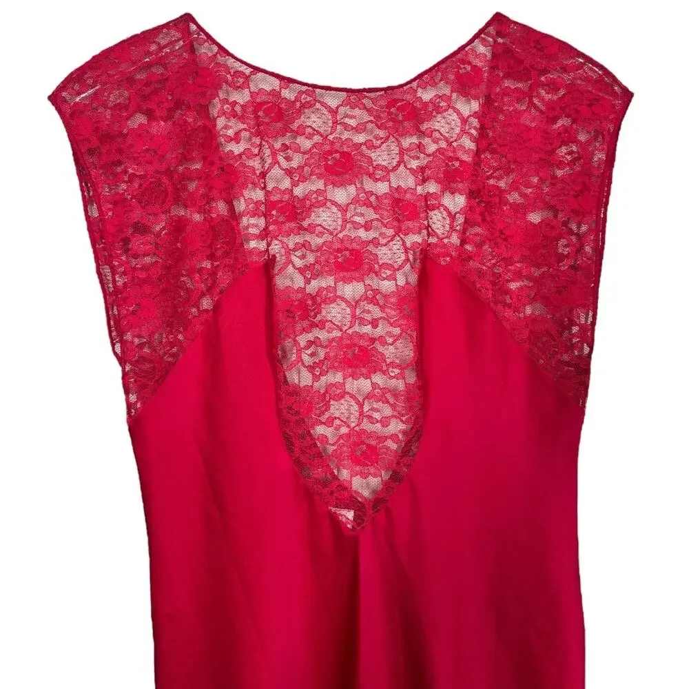 Vintage Linda Lingerie Nightgown Red Silky Nylon Lace Small Slip Dress Long - Picture 3 of 5